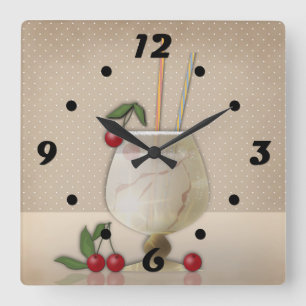 Beige grunge retro vintage cocktail glass cherry p square wall clock