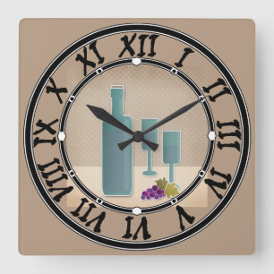 Beige grunge retro vintage wine glasses grape polk square wall clock