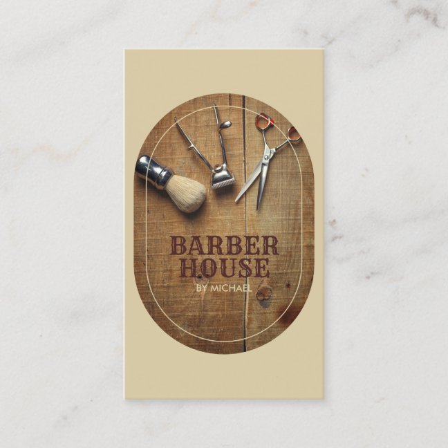Beige hair stylist Rustic Wooden BarberShop Business Card