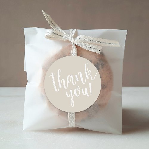 Beige Hand Lettered Script Thank You Classic Round Sticker