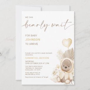 Beige Heart Balloon Bearly Wait Baby Shower  Invitation