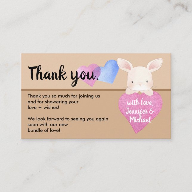 Beige Heart Cute Baby Bunny Rabbit Thank You Enclosure Card (Front)
