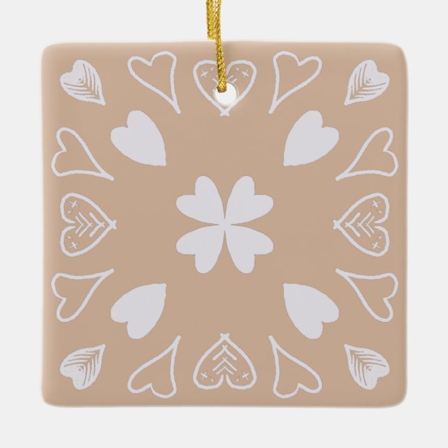 Beige Heart Folk Art Pattern Christmas Tree Ceramic Ornament (Front)