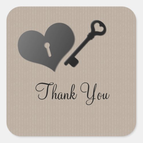 Beige Heart Lock and Key Thank You Stickers