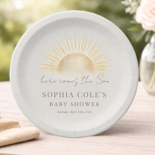 Beige Here Comes The Son Boho Boy Baby Shower Paper Plates
