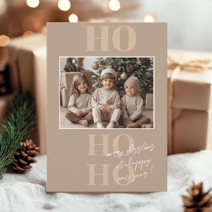 Beige Ho Ho Ho and Photo Christmas Invitation