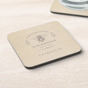 Beige Honey Bee French Country Vintage Rustic Beverage Coaster