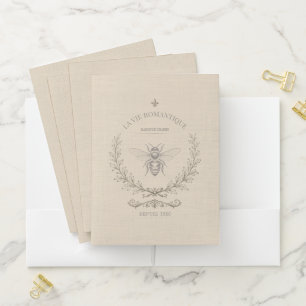 Beige Honey Bee French Country Vintage Rustic Pocket Folder