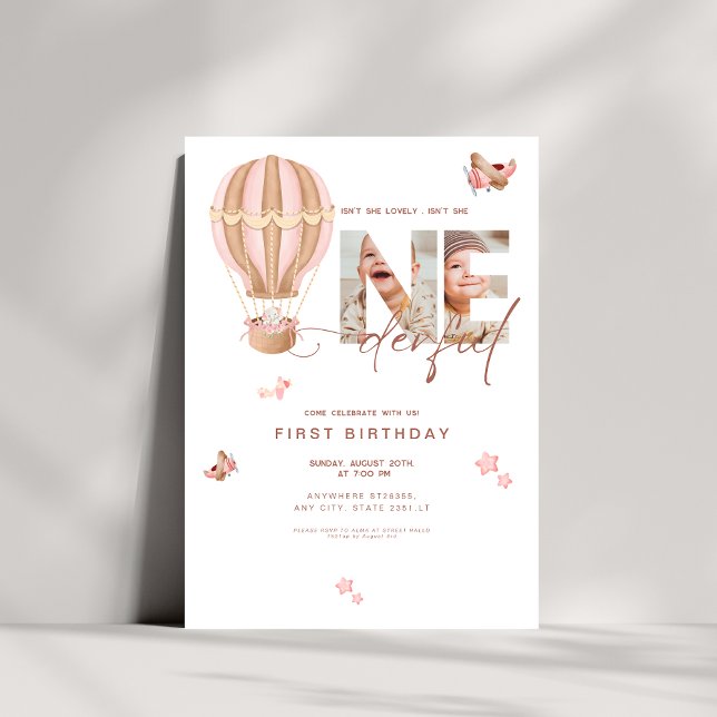 Beige hot Air Ballon Onederful 1st Birthday  Invitation (Creator Uploaded)