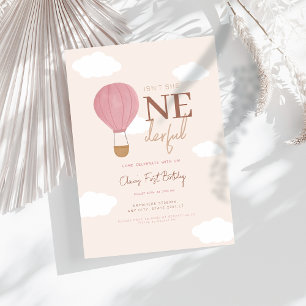 Beige hot Air Ballon Onederful 1st Birthday Invitation