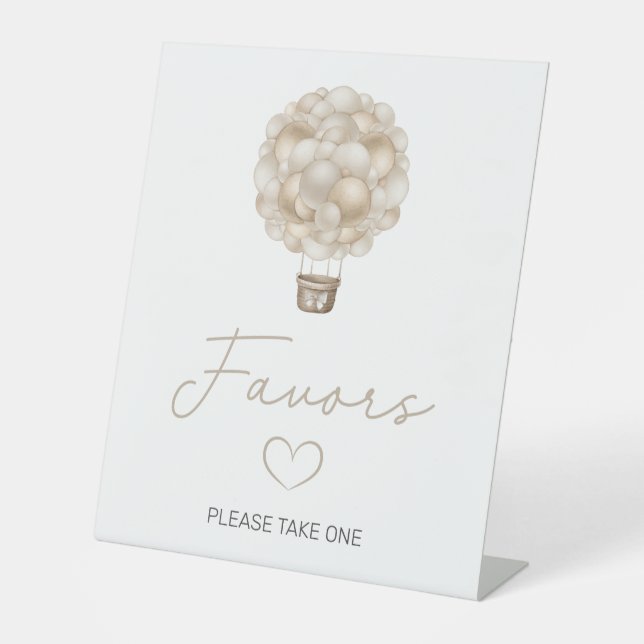 Beige Hot Air Balloon Baby Shower Favors Pedestal Sign (Front)