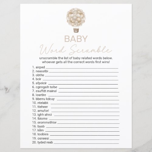 Beige Hot Air Balloon Baby Shower Word Scramble