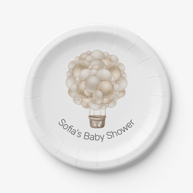 Beige Hot Air Balloon Boho Baby Shower Paper Plates (Front)
