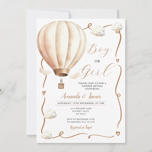Beige Hot Air Balloon Gender Reveal Ribbon Bow Invitation (Front)