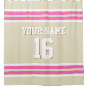 Beige Hot Pink White Stripes Sports Jersey Shower Curtain