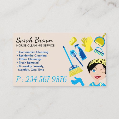 Beige House Cleaning Janitorial Gloved Apron Maid Business Card