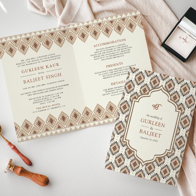 Beige Ikat All in One Anand Karaj Sikh Wedding Invitation (Creator Uploaded)