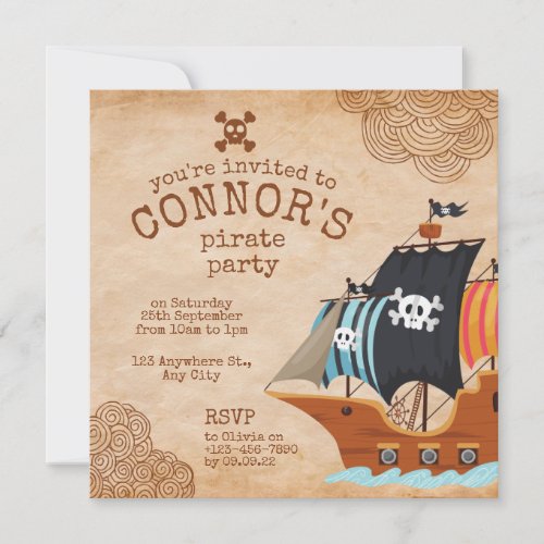 Beige Illustrated Pirate Party Invitation