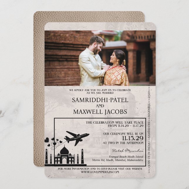 Beige India Passport Wedding Invitation (Front/Back)