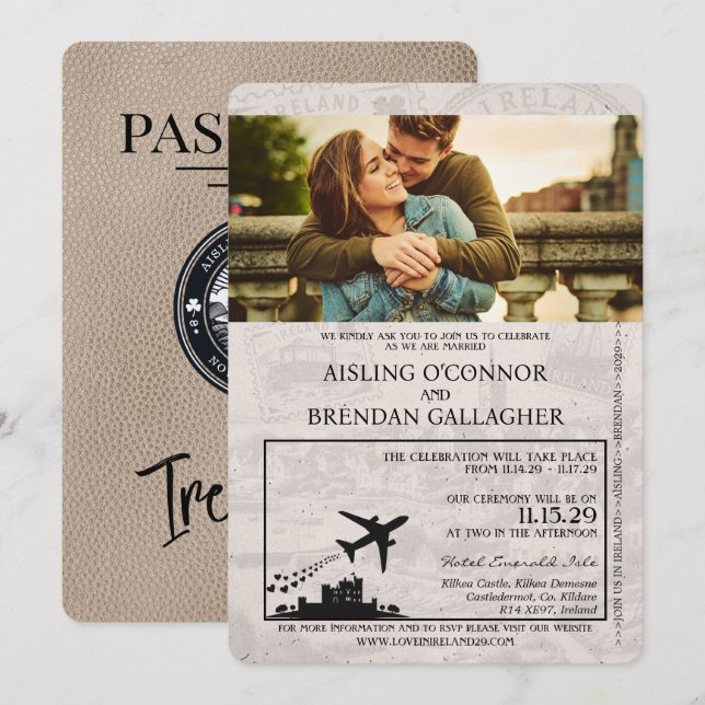 Beige Ireland Passport Wedding Invitation (Front/Back)