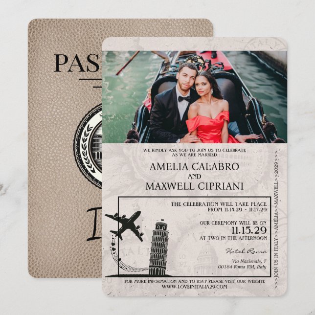 Beige Italy Passport Wedding Invitation (Front/Back)