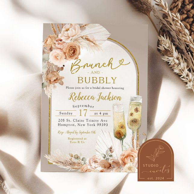 Beige Ivory Boho Brunch and Bubbly Bridal Shower Invitation (Creator Uploaded)