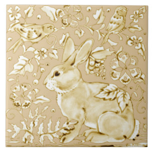 Beige Ivory Bunny Rabbit Bird Floral Leaf Scroll Ceramic Tile