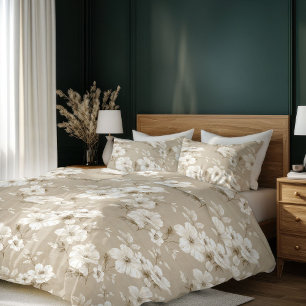 Beige ivory floral tropical soft neutral duvet cov cover