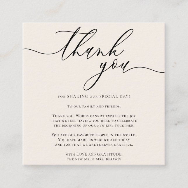 Beige Ivory Gratitude Stylish Script Thank you Enclosure Card (Front)