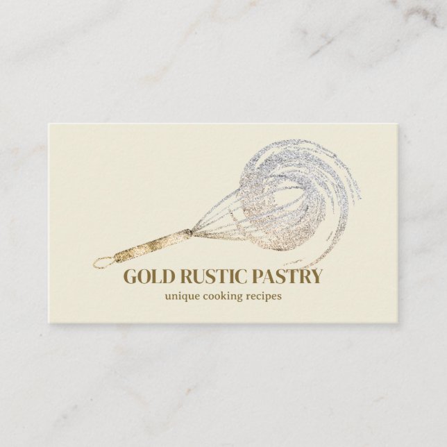 Beige ivory Sparkle Whisk Glitter Gold Bakery Business Card (Front)