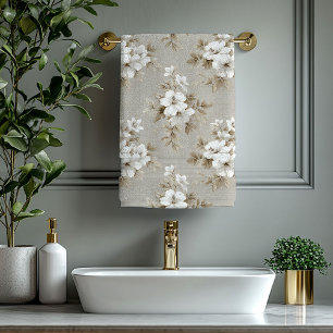 Beige Ivory Tropical White Flowers Bath Towel