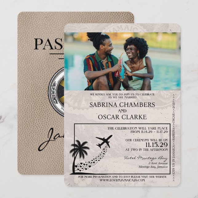 Beige Jamaica Passport Wedding Invitation (Front/Back)