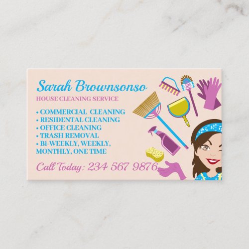 Beige Janitor Lady Cartoon Girl House Cleaning Business Card