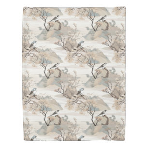 Beige Japanese antique silk painting nature scene Duvet Cover