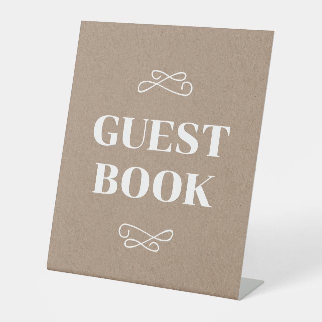 Beige Kraft White Flourish Guest Book Pedestal Sign (Front)