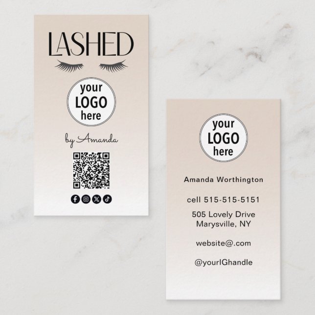 Beige Lashed Eyelashes Minimalist QR Code Social Business Card (Front/Back)
