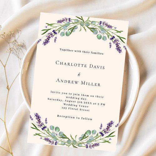 Beige lavender greenery purple florals wedding  invitation