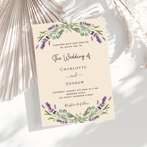 Beige lavender greenery violet wedding  invitation