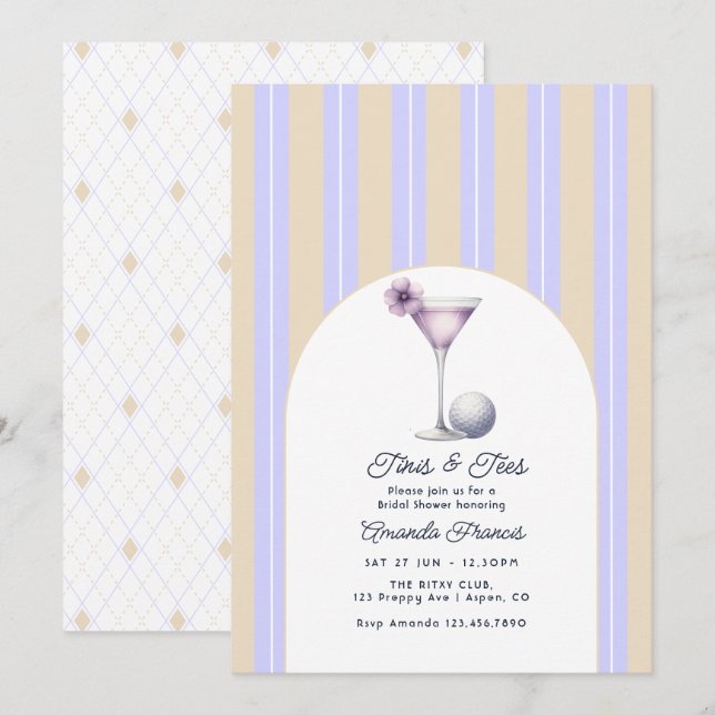Beige Lavender Preppy Martini Golf Bridal Shower Invitation (Front/Back)