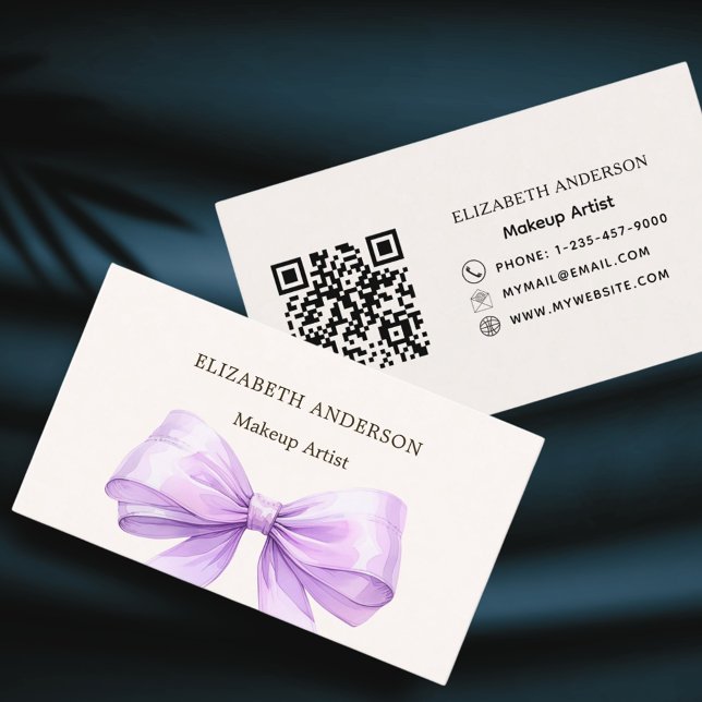 Beige lavender purple bow elegant qr code business card (Creator Uploaded)