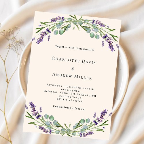 Beige lavender purple budget wedding invitation