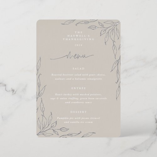 Beige Leaf Motif Thanksgiving Dinner Menu Foil Invitation