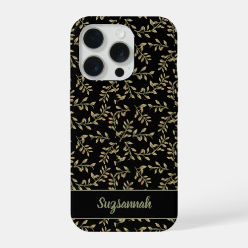 Beige Leaf Pattern On Black Background Custom iPhone 15 Pro Case