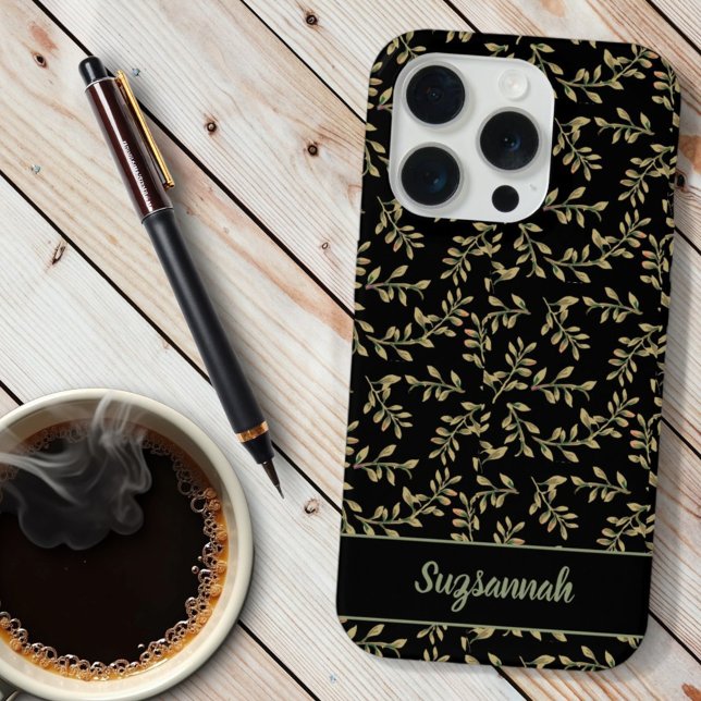 Beige Leaf Pattern On Black Background Custom iPhone Case (back side of iPhone template case)