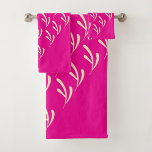 Beige Leaf Repeat Hot Pink Bath Towel Set