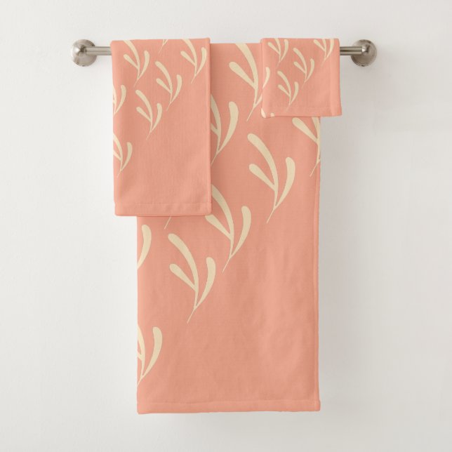 Beige Leaf Repeat Peach  Bath Towel Set (Insitu)