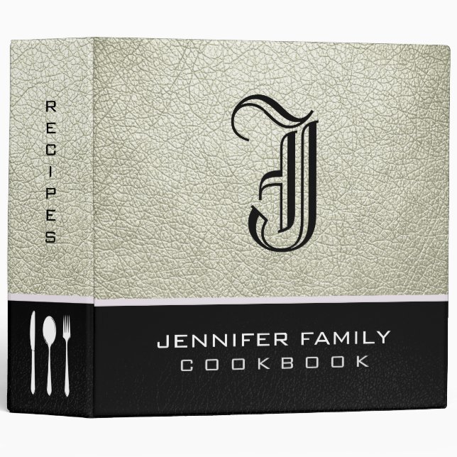 Beige Leather Family Recipes Monogram 3 Ring Binder (Front/Spine)