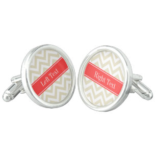 Beige Lg Chevron Coral Red Name Monogram Cufflinks