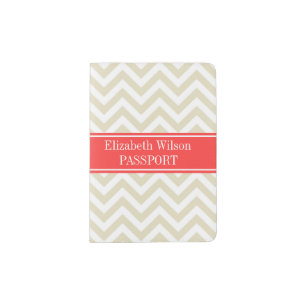 Beige Lg Chevron Coral Red Name Monogram Passport Holder
