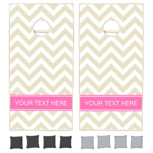 Beige Lg Chevron Hot Pink Name Monogram Cornhole Set